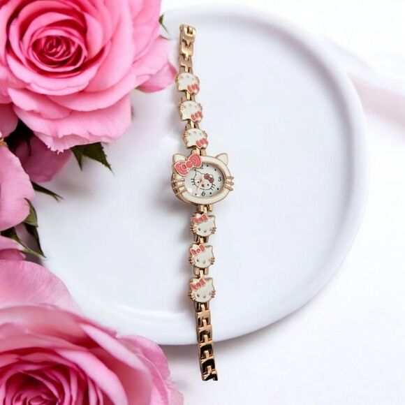 Hello Kitty Rose Gold Watch White Cat Face Links Analog Battery Metal Links Band - Picture 2 of 7